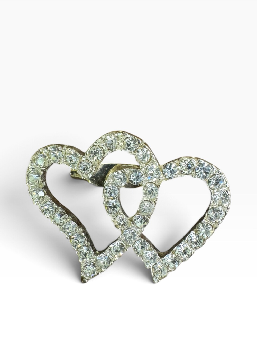 Vintage Double Heart Brooch - Clear Crystal, Silver Tone